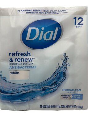 Dial Antibacterial Bar Soap, Refresh & Renew, White, 4 oz, 12 Bars NEW